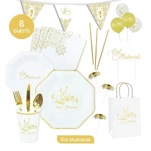 Gold Eid Ramadan Mubarak Festival Style Disposable Paper Tableware Set with Plates Cups and Napkins
