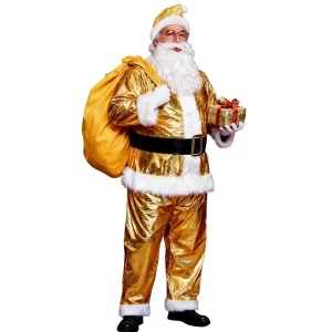 Gold Fancy Polyester Santa Claus Costume with Hat Belt Gloves & Gift Bag Adult Full Set Christmas Party Outfit