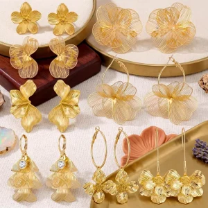 Gold Flower 18K Gold Plated Stainless Steel Fashion Fine Jewelry Statement Stud Earrings for Women
