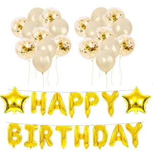 Gold Happy Birthday Star and Lettering Balloon with Latex Confetti Balloons Set for Birthday Party Decoration