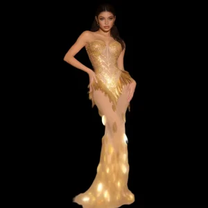 Gold Leaf Sequin Tassel Diamond Birthday Party Banquet Trumpet Dress Women Wedding Graduation Evening Mermaid Dress Prom Gown