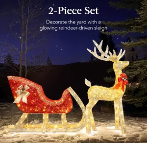 Gold Lighted Waterproof IP44 Christmas 4ft Reindeer & Sleigh Holiday Outdoor Yard Decoration