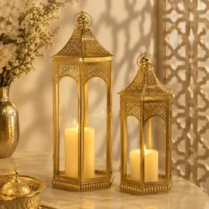 Gold Moroccan Metal Glass Lantern Set for Ramadan Large Candle Lantern for Ramadan Eid Wedding Decor