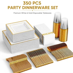 Gold Rim Disposable Dinnerware Set For 50 Guests 350pcs Heavy Duty Square Plastic Plates Cutlery Cups Napkins For Wedding Party