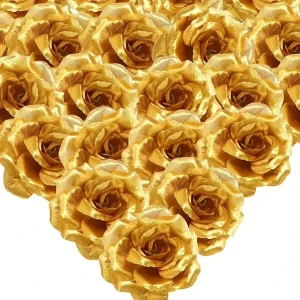Gold Roses Artificial Flowers 3 Inch Fake Silk Gold Roses Head Gold Artificial Flowers Heads For Home Wedding Party Decor