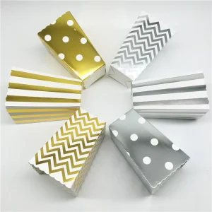 Gold Silver Popcorn Boxes Foil Polka Dot Stripe Chevron Disposable Snack Containers for Weddings Birthdays to Go Boxes