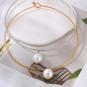 Gold Silver Tone Thin Torque Choker Single White Pearl Necklace Women Elegant Daily Jewelry Gift