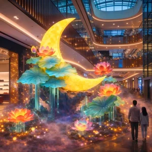 Golden Crescent Moon Lotus Landscape Lanterns Oriental Decor for Premium Malls Mid autumn Displays