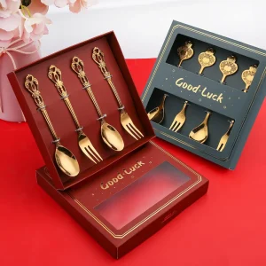 Golden Fruit Fork Set Stainless Steel Cutlery Spoons Gifts Four Piece Set Cartoon Dessert Spoons Wedding Favors Small Spoons