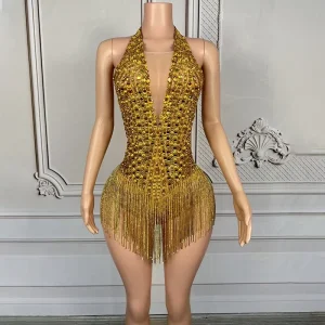 Golden Glittering Water Diamond Tassel Deep V-neck 100% Polyester Adult Jumpsuit Latin Dance Performance