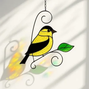 Goldfinch Art Deco Stained Glass Suncatcher Handmade Bird Window Art Customizable Square Round Shape Home Decor Anniversary Gift