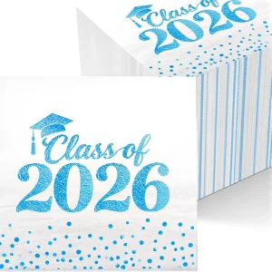 Graduation Cocktail Napkins Class Disposable 2-Ply Bamboo Pulp Light Blue 100 Pcs Graduation Party Decorations