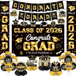 Graduation Decorations Black and Gold Party Decor Set Include Congrats Grad Banner Graduation Backdrop Party Supplies
