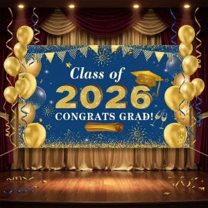 Graduation Party Banner with Class CONGRATS GRAD Pattern Cartoon Style Polyester Water Resistant Background Decoration