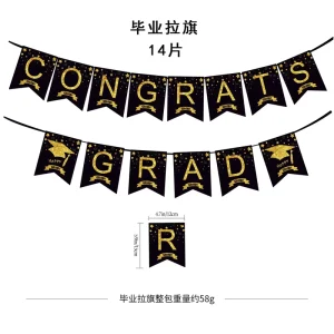 Graduation Party Decoration Banner Congrats Grad Class Garland Black Gold Printing Includes Graduation Cap Star