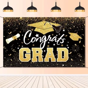 Graduation Party Decorations Grad Banner Photography Backdrop Square Gold and Black Cloth