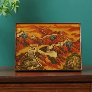 Great Wall Landscape Brass Desktop Decor Solid Wood Frame Stainless Stand No Glass Souvenir Clear Image Model WBTO017