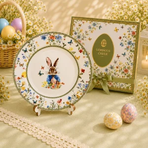 Green 25.5cm Ceramic Easter Plate Bunny Print Dish Holiday Tableware for Home Party Gift Flat Garden Rabbit Dessert Plate
