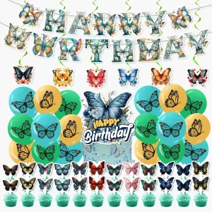 Green Butterfly Theme Girl Birthday Party Decoration Banner Cake Topper Latex Balloon Birthday Party Supplies Decoration Set
