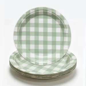 Green Checkered Floral Pattern Disposable Paper Plates Camping Event Home Dinner Tableware Supplies 12PCS/BAG Bulk