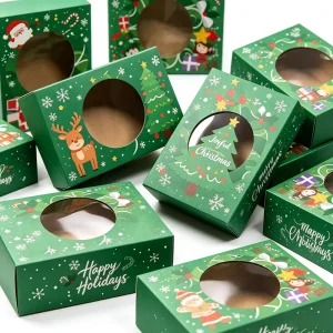 Green Christmas Gift Box With Round Transparent Window Recyclable Cardboard Xmas Gift Carton