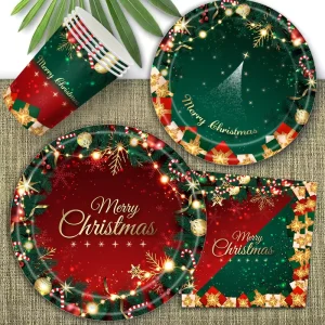 Green Christmas Party Decoration Paper Plates Tissue Paper Tablecloth Disposable Tableware Set
