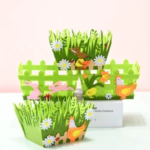 Green Easter Basket Fence Decoration with Nonwoven Grass Chickens Rabbit and Flowers