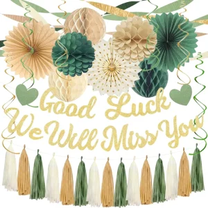 Green Farewell Party Decor Men Women Good Luck We Will Miss You Banner Crepe Streamers Honeycomb Retirement Colleague Goodbye