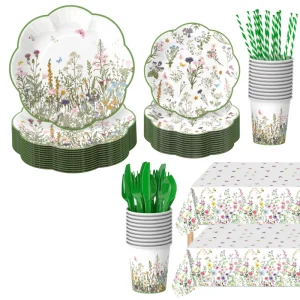 Green Floral Plates and Napkins Tableware Set Scalloped Edge Chinoiserie Party Supplies for Wedding Bridal Shower Tea Party