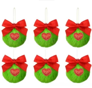 Green Fluffy Christmas Ball Hanging Ornament Fluorescent Green Elf Accessory Bowknot Plush Pom Faux Rabbit Fur Ball Tree Decor