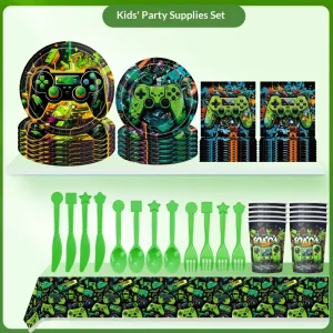 Green Game Console Party Tableware Cartoon Theme Children’s Birthday Party Supplies Paper Plate Tablecloth Cutlery Tableware Set
