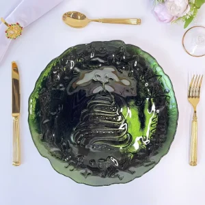 Green Glass Plate Embossed Christmas Tree Pattern Scallop Edge Portable Reusable Christmas Party Table Decor Dinnerware Set