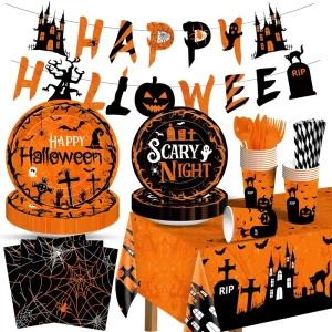 Green Paper Tableware Disposable Cake Cups Plates for Outdoor Festival with Waterproof Tablecloth for Halloween