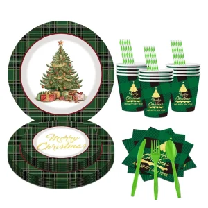 Green Plaid Christmas Tableware Set Disposable Paper Plate Napkin Xmas Party Supplies