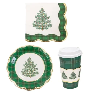Green Plaid Christmas Tree Disposable Eco-friendly Paper Tableware Set Gold Foil Trim for Parties Party Decoration Supplies