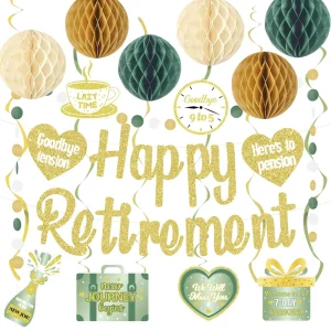 Green Retirement Party Banner Decor Women Men Happy Sign Balloons Hanging Swirl Pom Poms Office Set