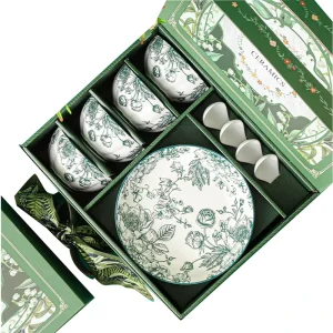 Green Rose Ceramic Festival Dinnerware Set Coconut Bowl Spoons Plate