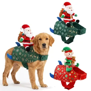 Green Snowflake Santa Rider Dog Costume Reindeer Print Pet Riding Vest with Santa Plush Doll Medium Breed Dogs