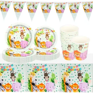 Green Zoo Animal Theme Disposable Tableware Packs Birthday Party Decorations Supplies for Boy Baby Shower Party Accessories