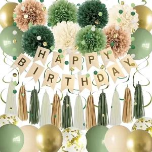 Green and Gold Birthday Party Decoration Balloon Set with Happy Birthday Banner Tissue Ball Paper Tassel Circular Flower Wreath