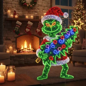 Grinch Christmas Lights Motif Outdoor LED Lifesize Yard Art Animated Large Grinch Face Decorations Lights
