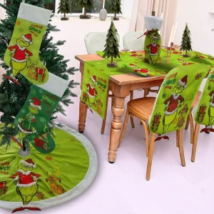 Grinch Theme Table Flag, Placemat, Christmas Tree Skirt and Stocking Home Decor