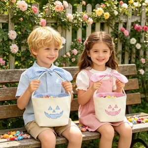 Grlis and Boys Gingham Applique Pumpkin Face Candy Bag for Trick or Treat Halloween Baskets