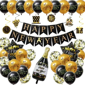HAPPY NEW YEAR Party Decoration Supplies Flag Spiral Pentagram Wine Bottle Balloon Set