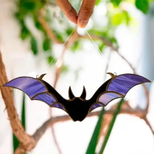 HD 0386 Stained Glass Art Deco Suncatcher Bat Window Decoration Anniversary Red Ornament Customizable Spooky Gift Decor