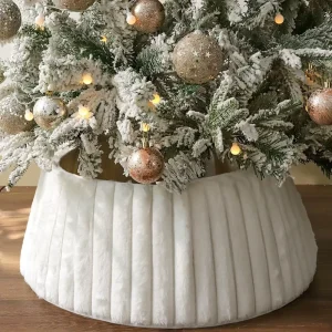 HL 330 Soft Fluff Christmas Tree Collar Rustic White Plush Faux Fur Tree Collar with Stripe Textured Pattern