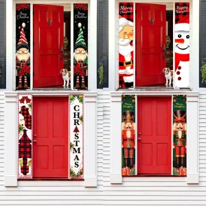 HL 334 Merry Christmas Hanging Banner Porch Sign with Pattern Christmas Tree Presents Snow Banner
