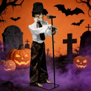 Halloween 39″ Height Animated Standing Skeleton Singer Party Wall Decoration Props for Haunted House