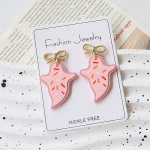 Halloween Acrylic-painted Ghost Cookie Earrings pink Cute Fun European American-style Holiday Ear Accessories Drop Earrings