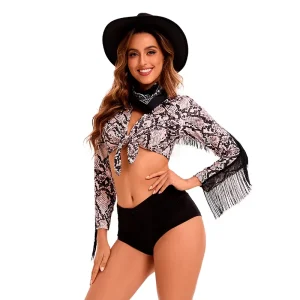 Halloween Adult Women’s Denim Polyester Jazz Performance Stage Costumes Western Cowgirl TV Movie Inspired Hat Scarf Top Shorts